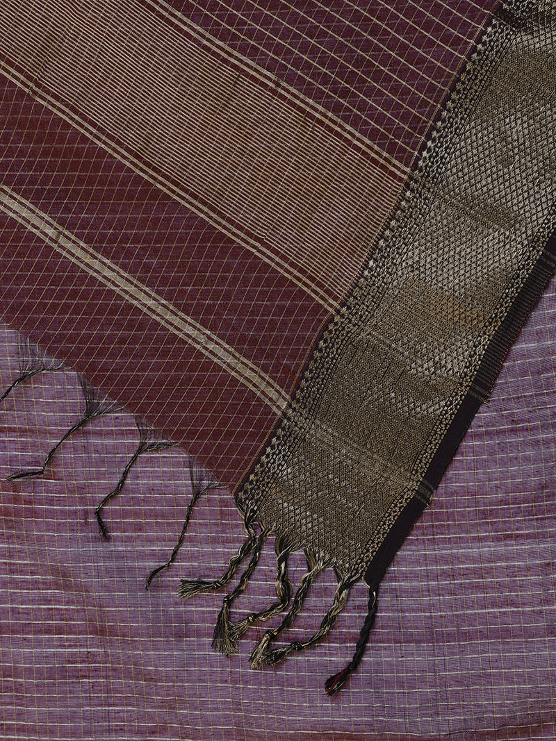 Maheshwari Cotton Silk Wine Pin Check Zari Saree-Binks