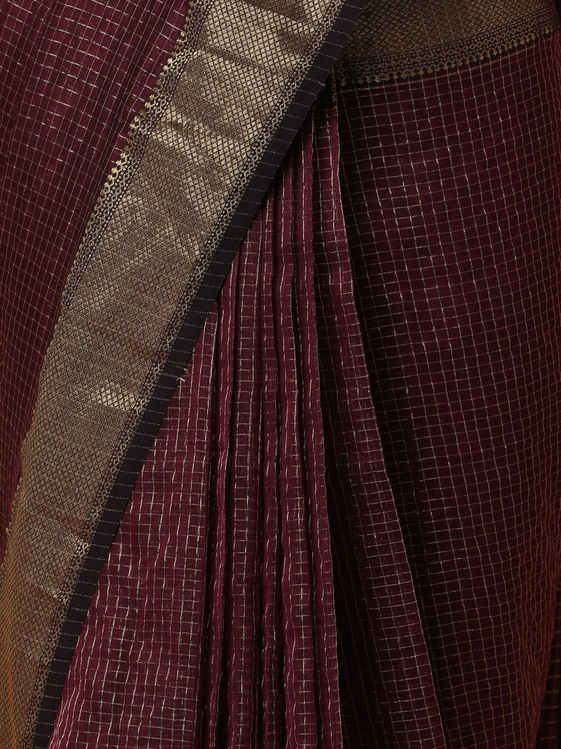 Maheshwari Cotton Silk Wine Pin Check Zari Saree-Binks