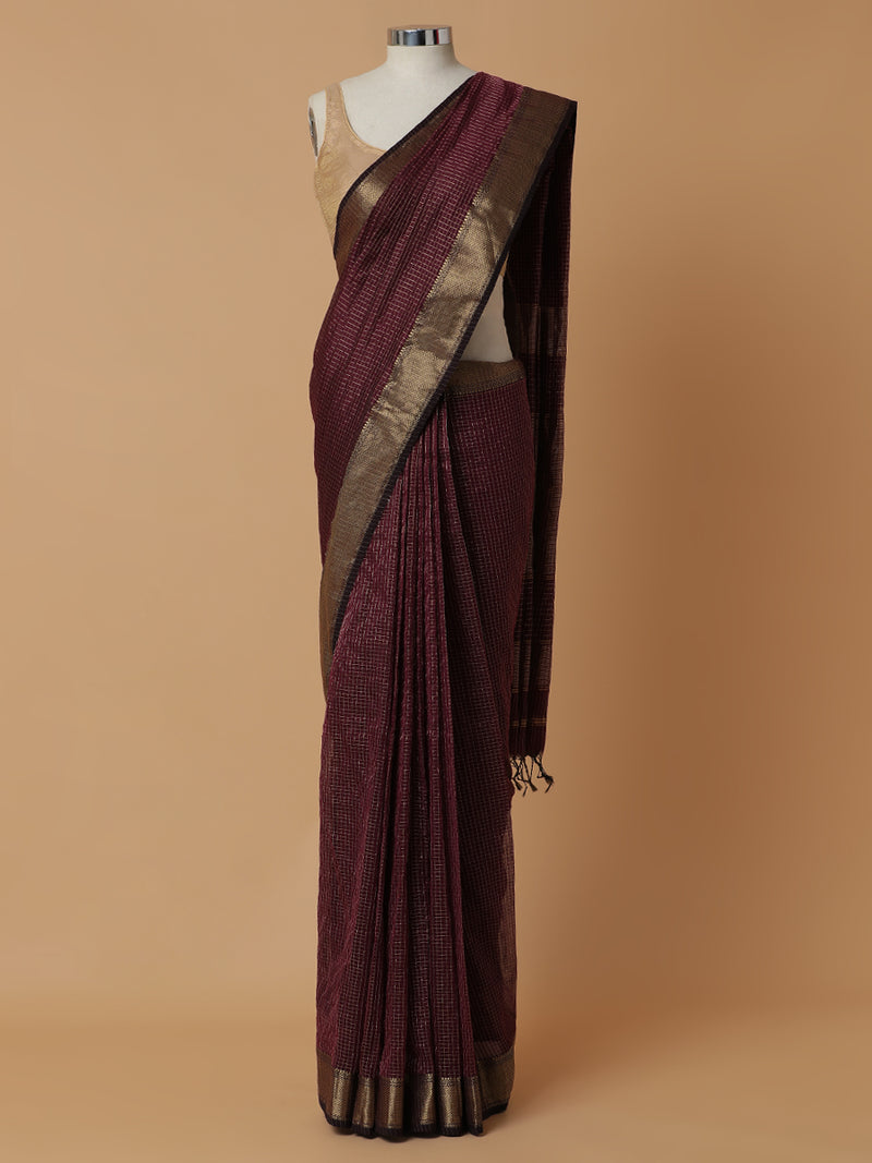 Maheshwari Cotton Silk Wine Pin Check Zari Saree-Binks