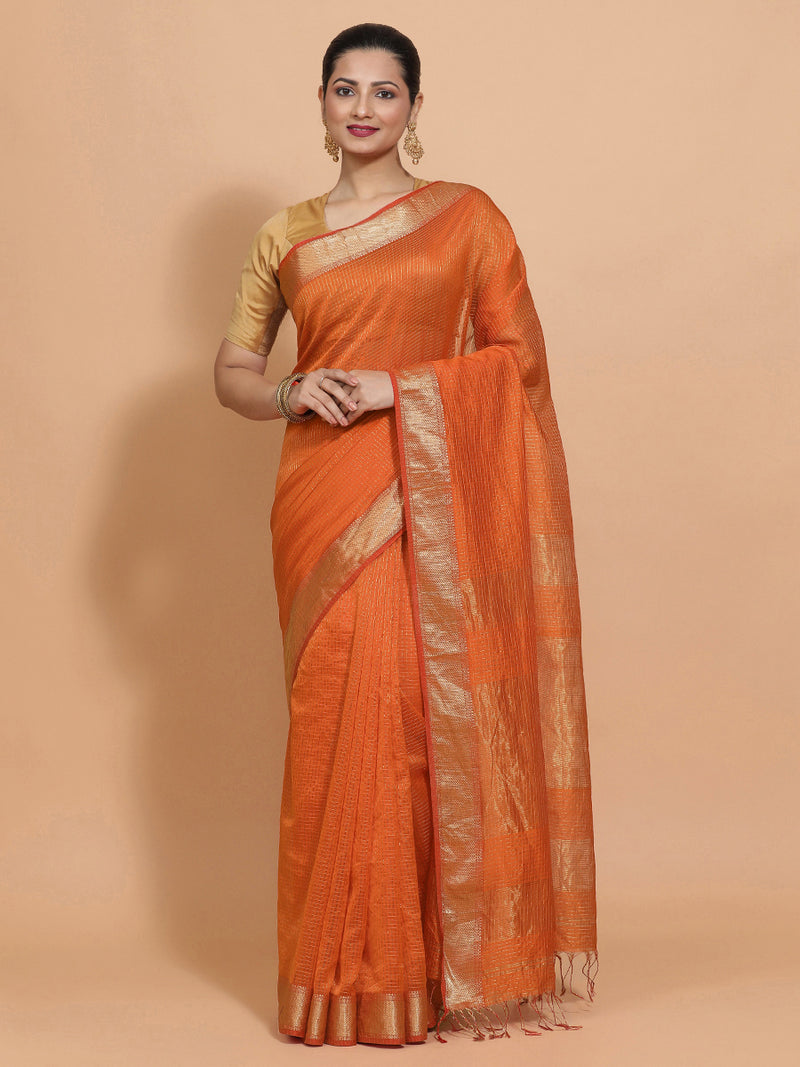 Maheshwari Cotton Silk Orange Pin Check Zari Saree-Binks