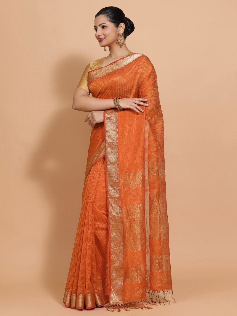 Maheshwari Cotton Silk Orange Pin Check Zari Saree-Binks
