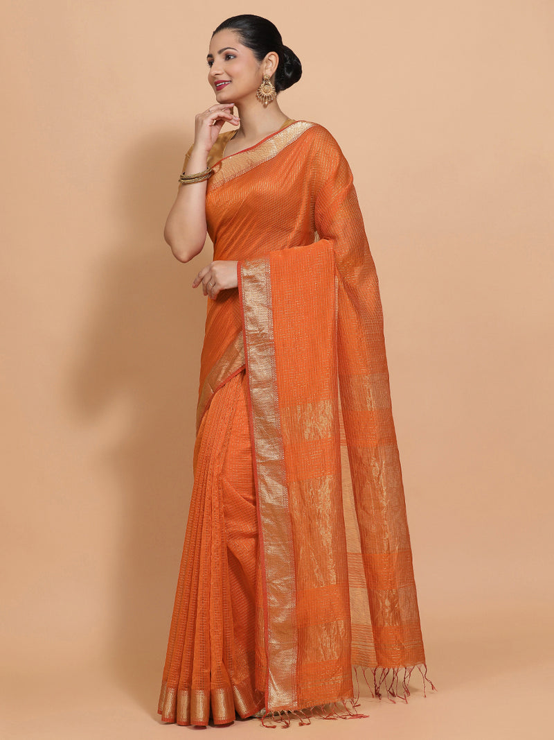 Maheshwari Cotton Silk Orange Pin Check Zari Saree-Binks