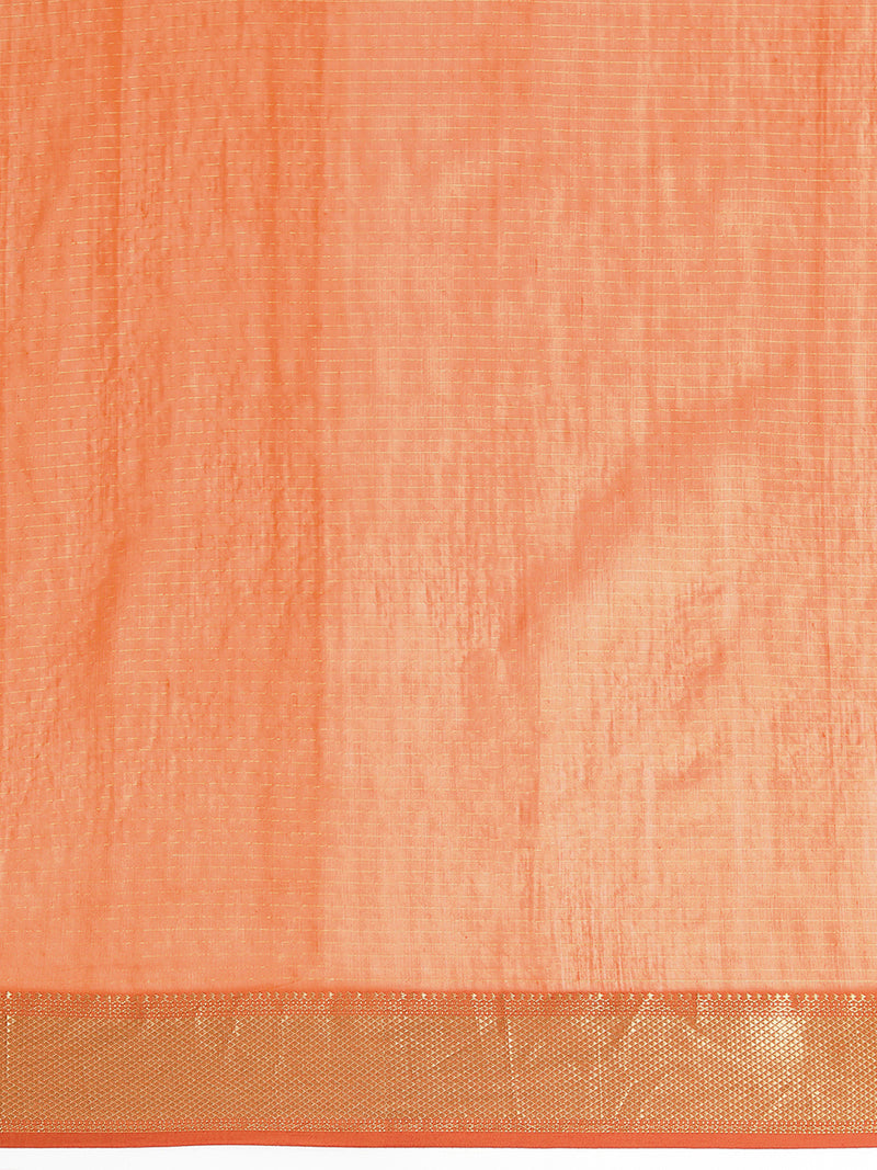 Maheshwari Cotton Silk Orange Pin Check Zari Saree-Binks