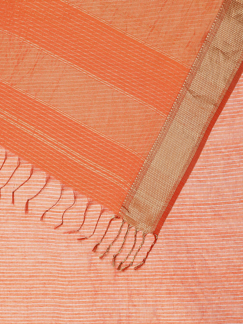 Maheshwari Cotton Silk Orange Pin Check Zari Saree-Binks