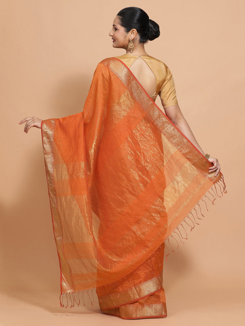 Maheshwari Cotton Silk Orange Pin Check Zari Saree-Binks