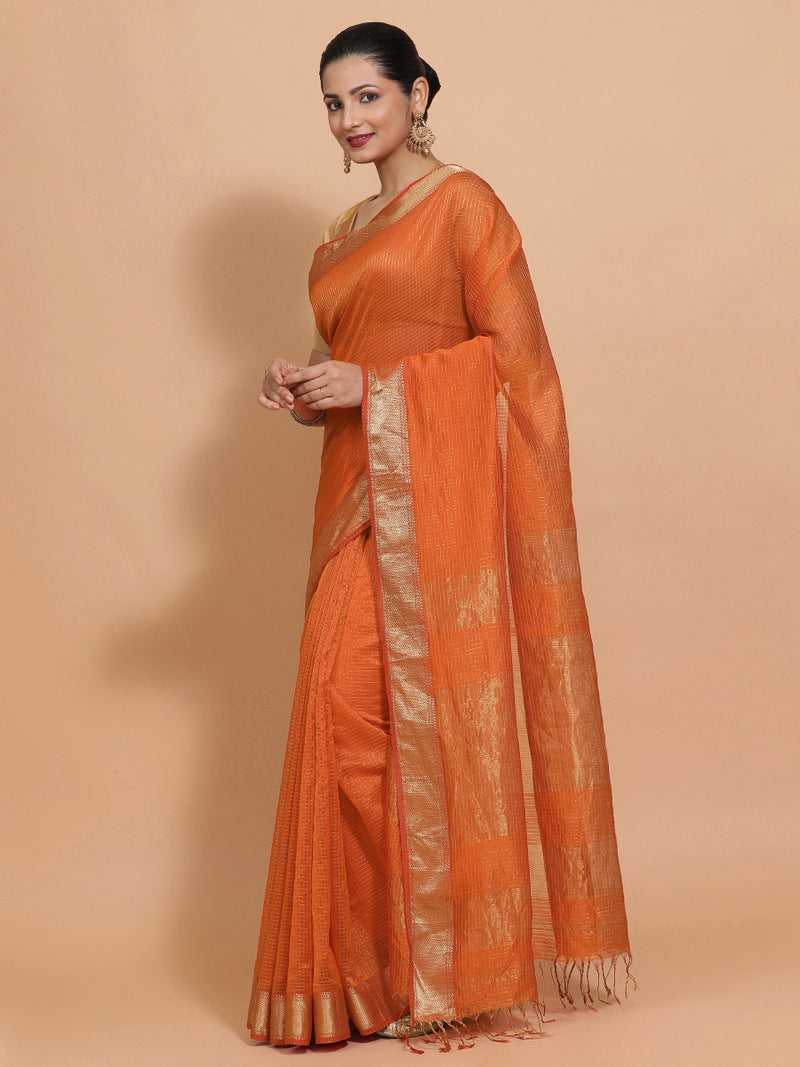 Maheshwari Cotton Silk Orange Pin Check Zari Saree-Binks