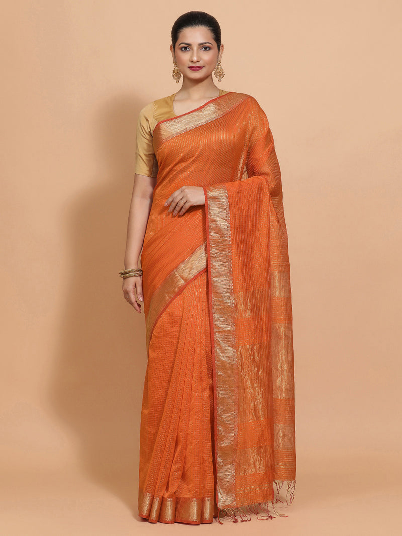 Maheshwari Cotton Silk Orange Pin Check Zari Saree-Binks