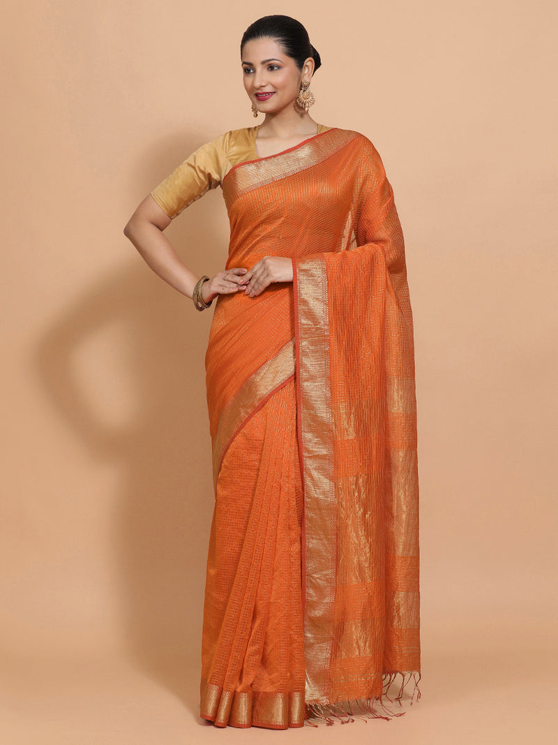 Maheshwari Cotton Silk Orange Pin Check Zari Saree-Binks