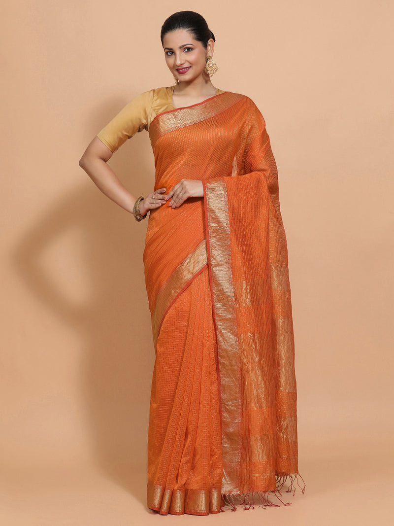 Maheshwari Cotton Silk Orange Pin Check Zari Saree-Binks