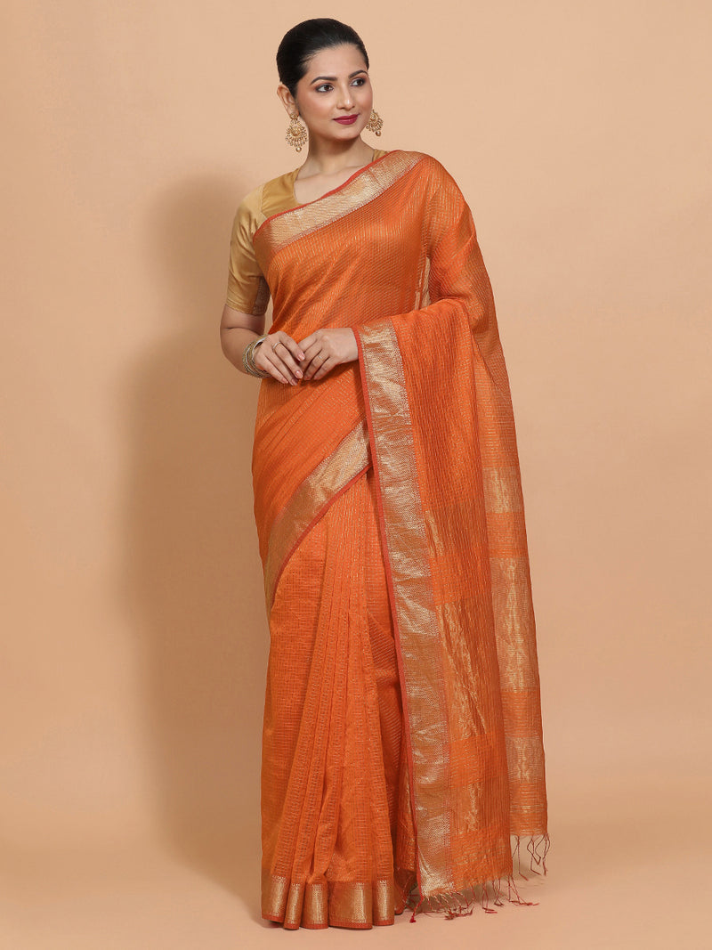 Maheshwari Cotton Silk Orange Pin Check Zari Saree-Binks
