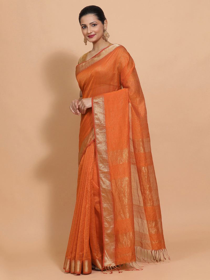 Maheshwari Cotton Silk Orange Pin Check Zari Saree-Binks