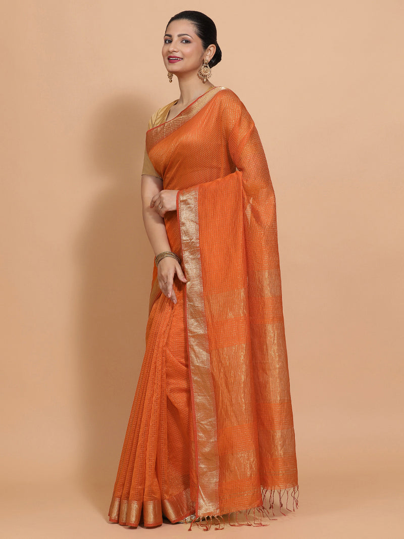 Maheshwari Cotton Silk Orange Pin Check Zari Saree-Binks