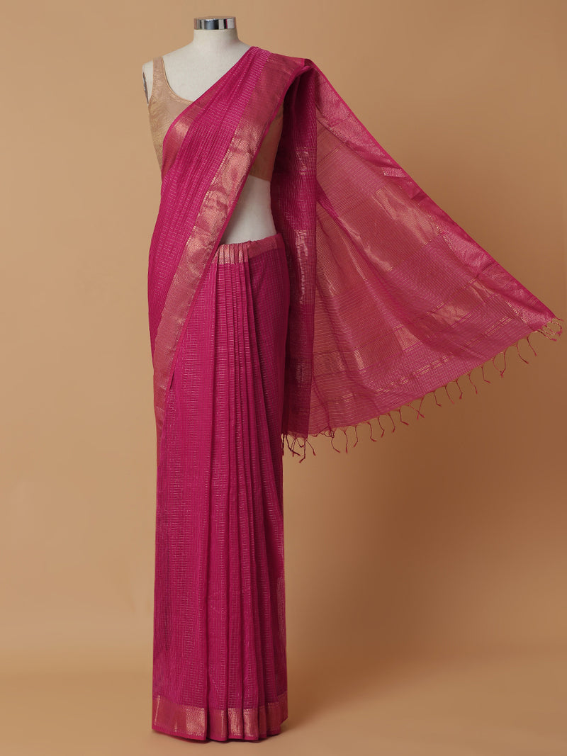 Maheshwari Cotton Silk Pink Pin Check Zari Saree-Binks