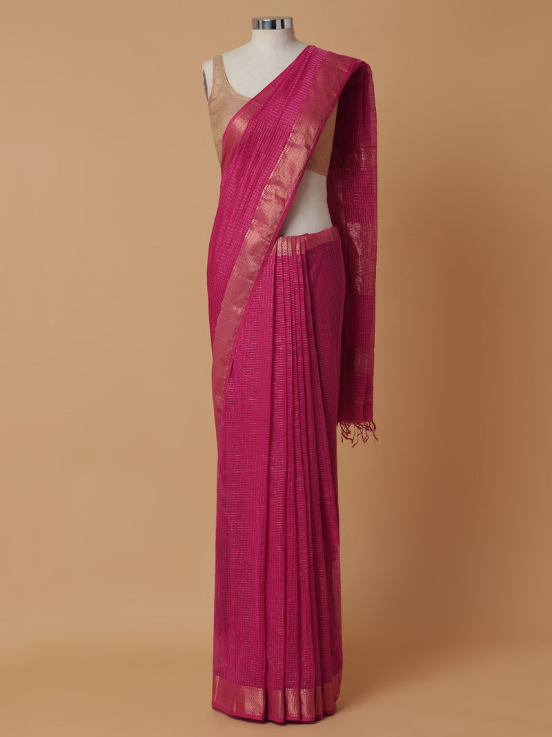 Maheshwari Cotton Silk Pink Pin Check Zari Saree-Binks