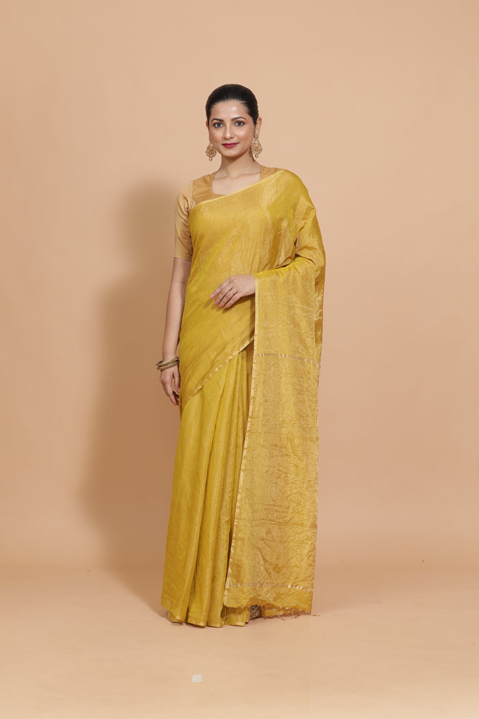 Maheshwari Cotton Silk Mustard Tissue Saree-Binks