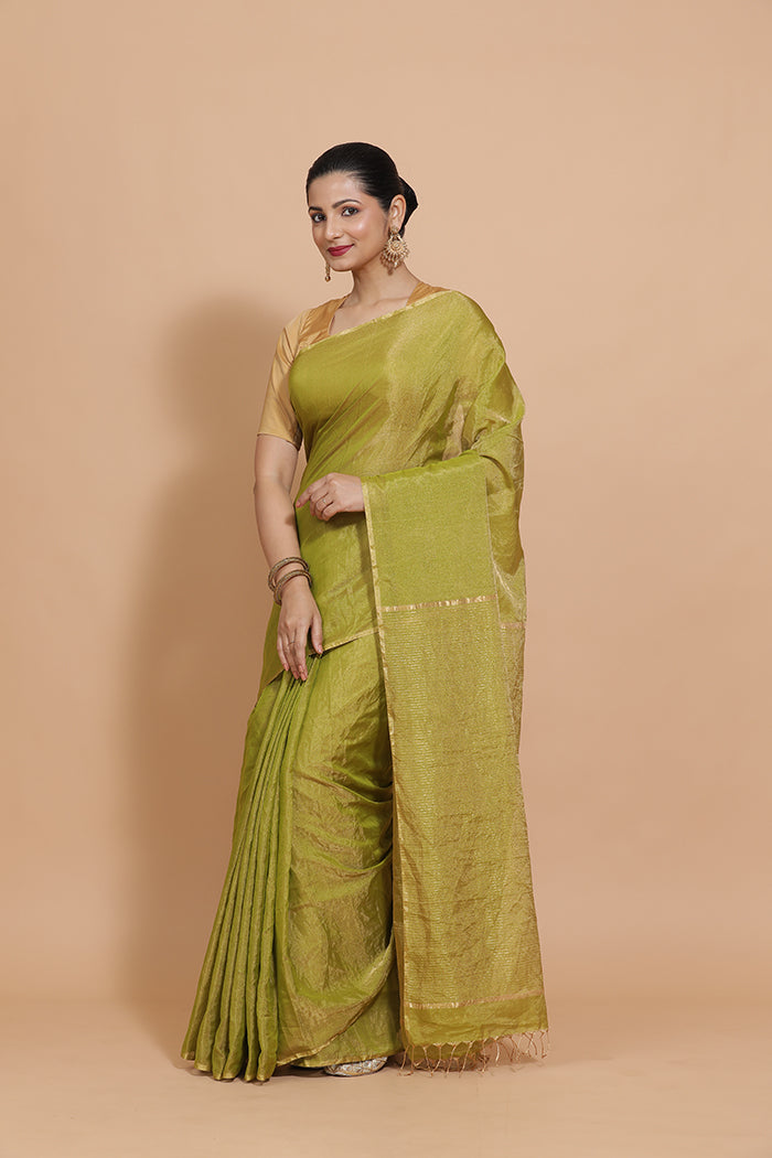 Maheshwari Cotton Silk Green Tissue Saree-Binks