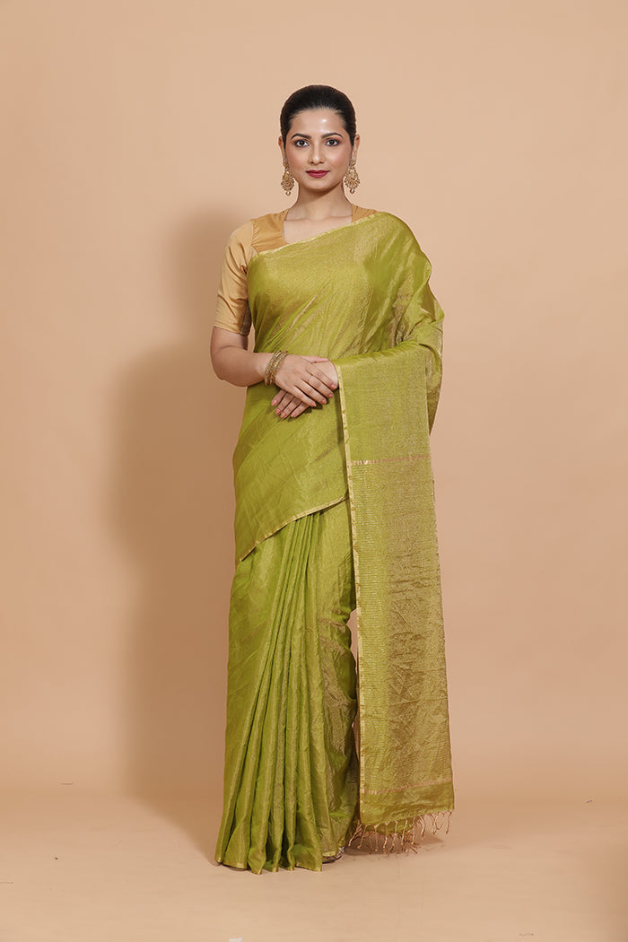 Maheshwari Cotton Silk Green Tissue Saree-Binks