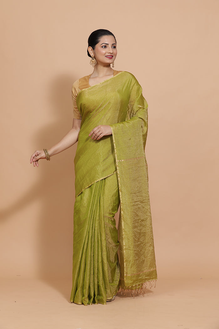 Maheshwari Cotton Silk Green Tissue Saree-Binks