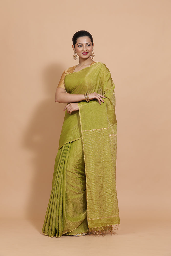 Maheshwari Cotton Silk Green Tissue Saree-Binks