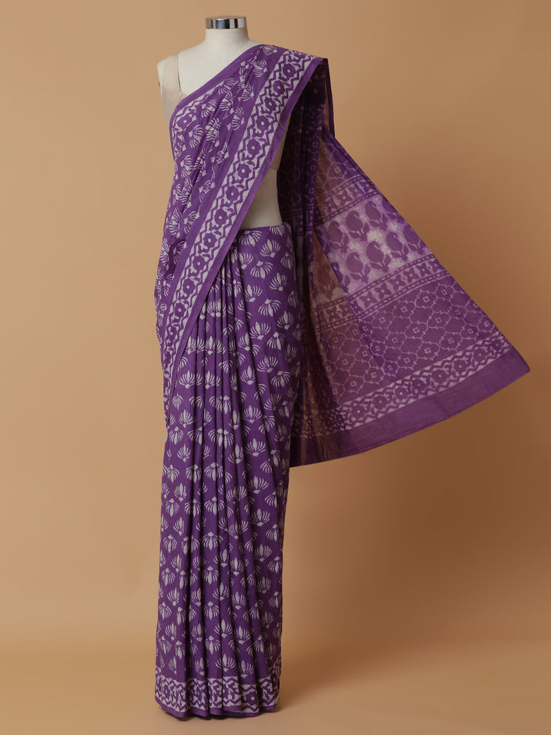 Hand Block Printed Lavender Cotton Mulmul saree-Binks