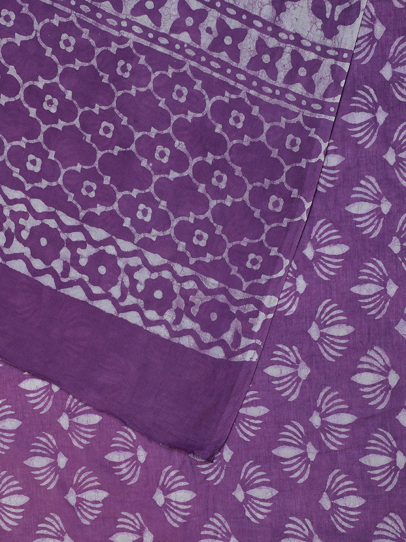 Hand Block Printed Lavender Cotton Mulmul saree-Binks