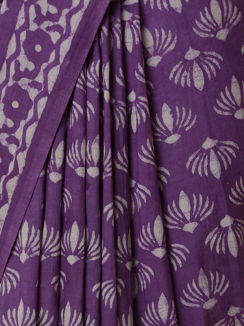Hand Block Printed Lavender Cotton Mulmul saree-Binks