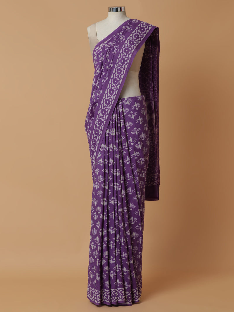 Hand Block Printed Lavender Cotton Mulmul saree-Binks