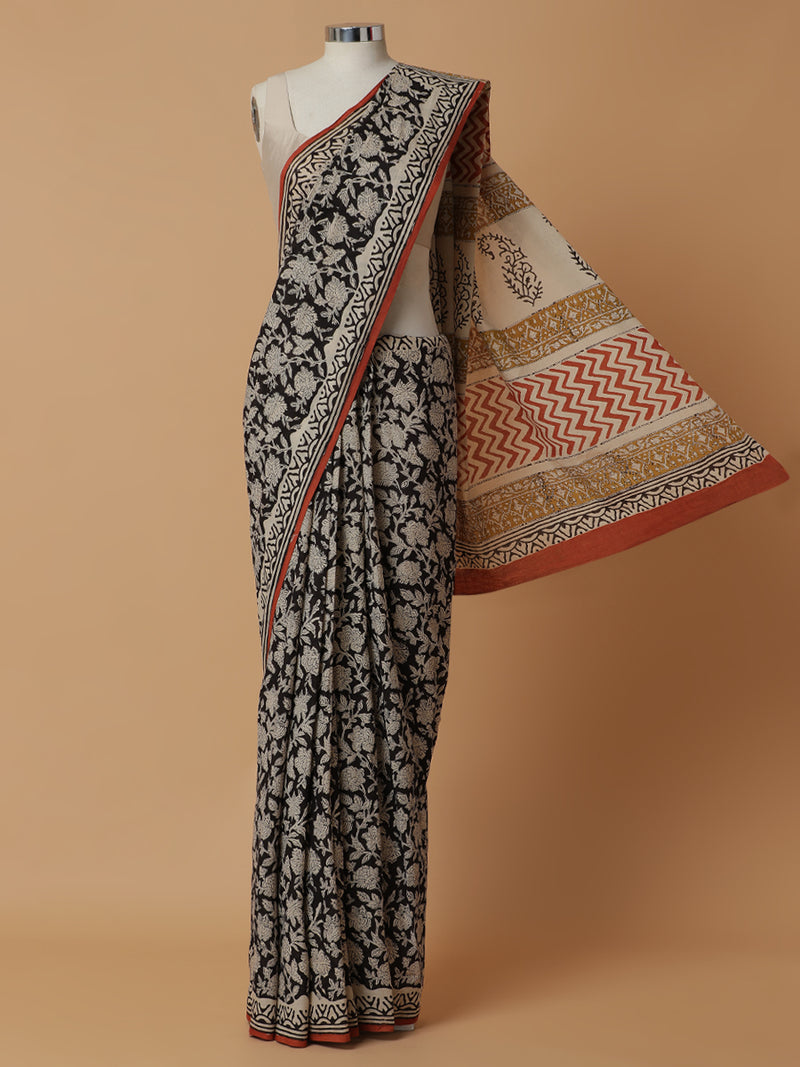 Hand Block Printed Black Cotton Mulmul saree-Binks