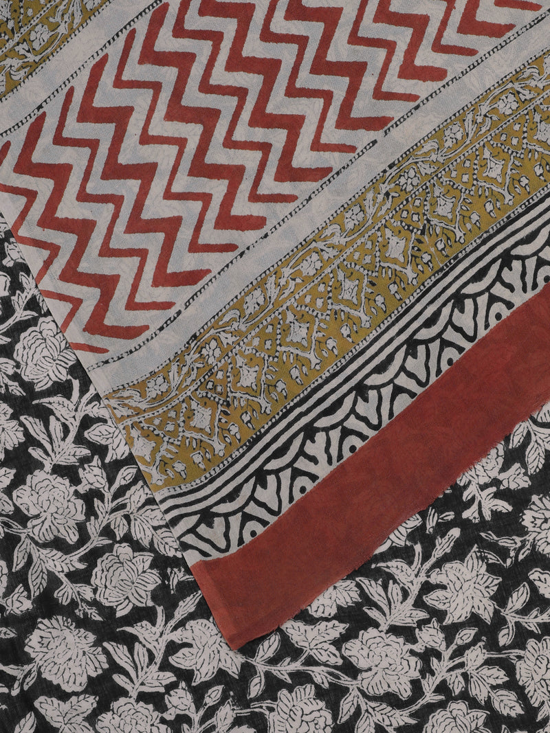 Hand Block Printed Black Cotton Mulmul saree-Binks