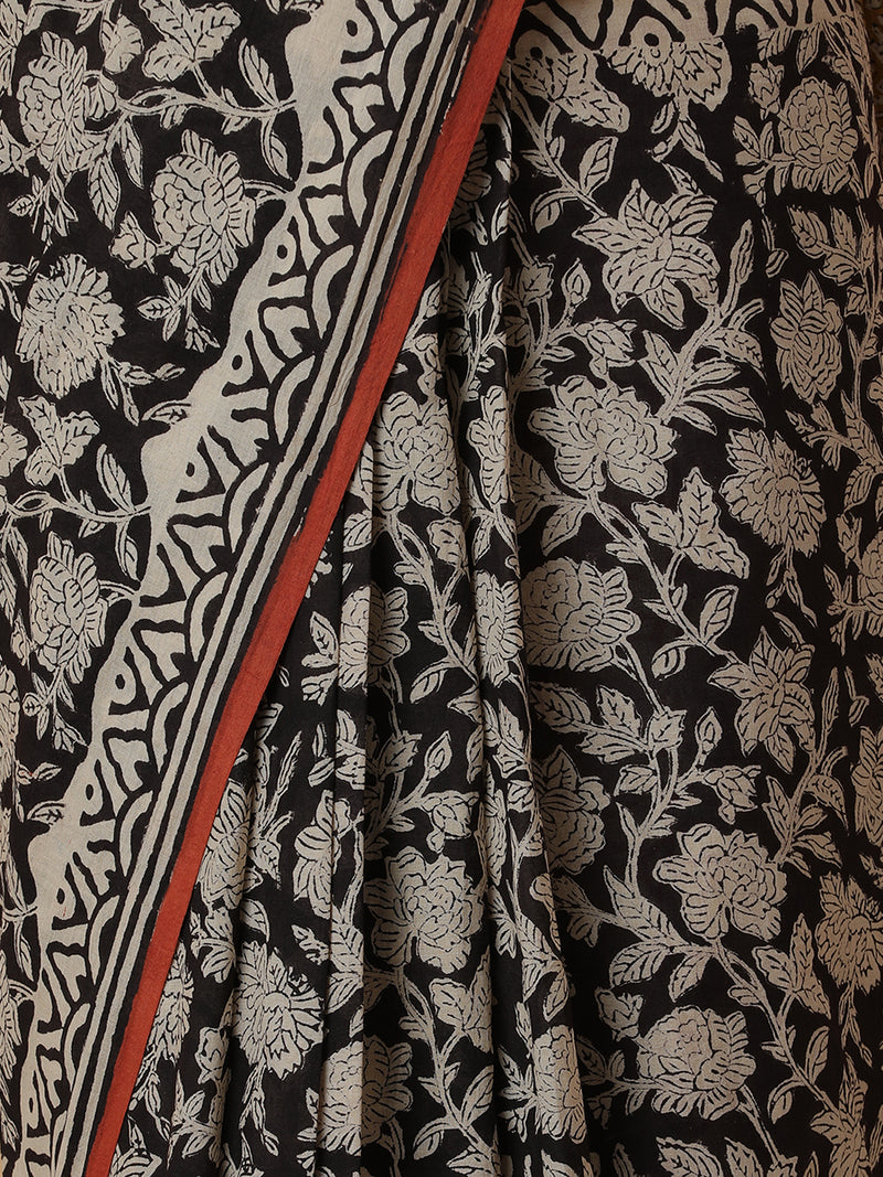 Hand Block Printed Black Cotton Mulmul saree-Binks