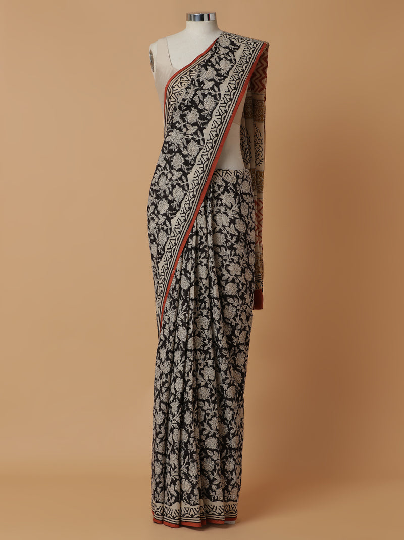 Hand Block Printed Black Cotton Mulmul saree-Binks
