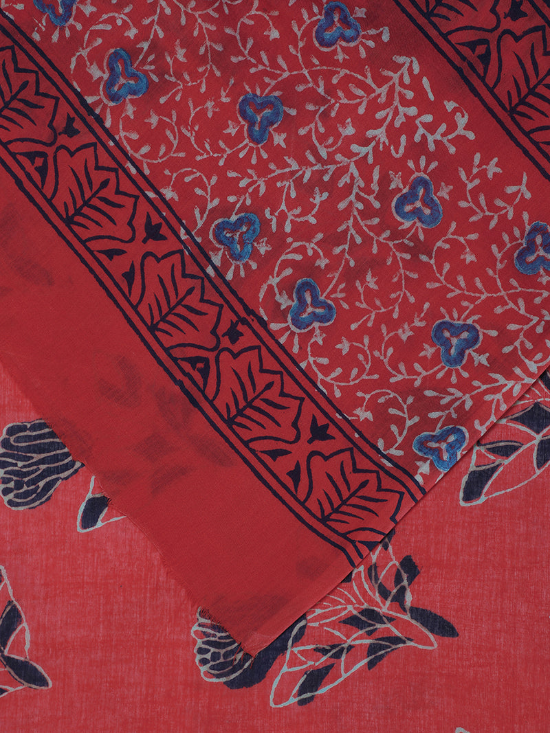 Hand Block Printed Red Cotton Mulmul saree-Binks