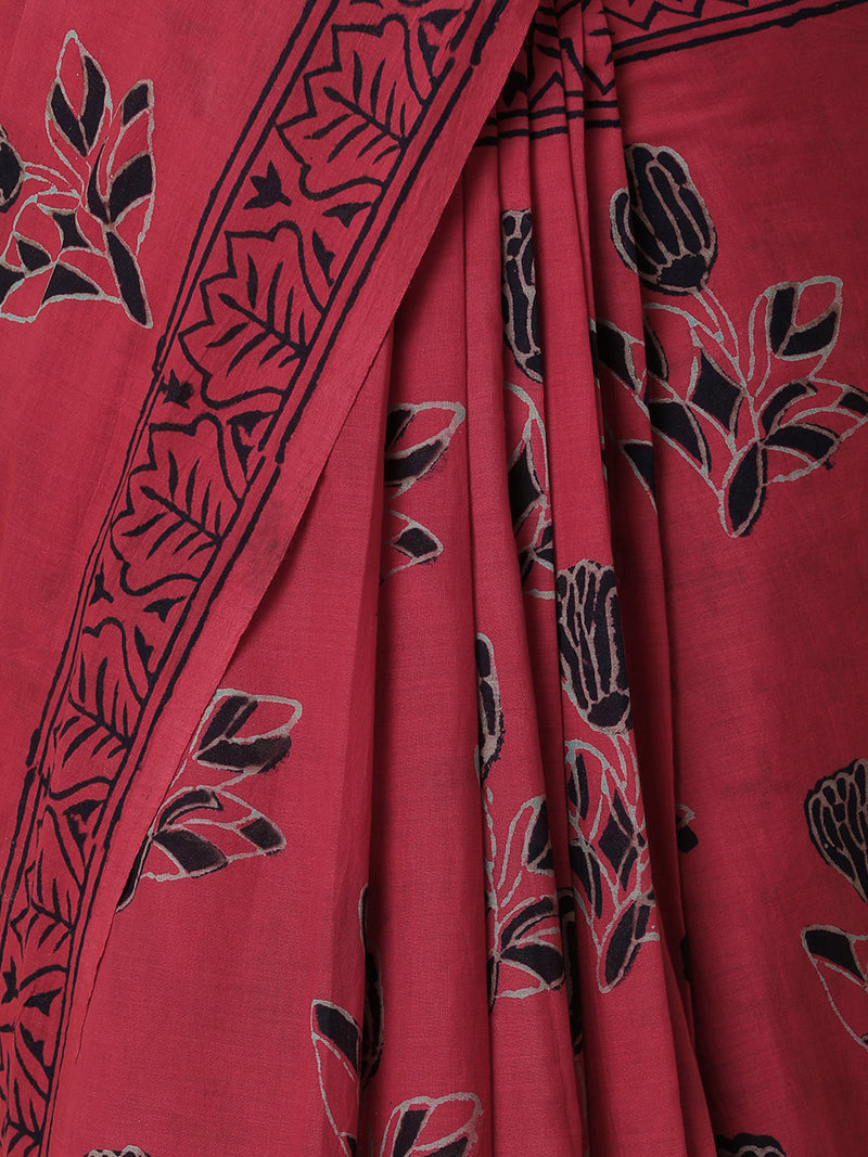 Hand Block Printed Red Cotton Mulmul saree-Binks
