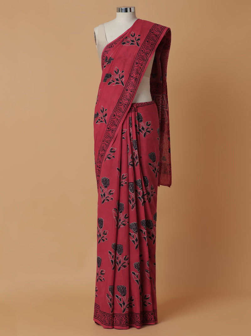 Hand Block Printed Red Cotton Mulmul saree-Binks