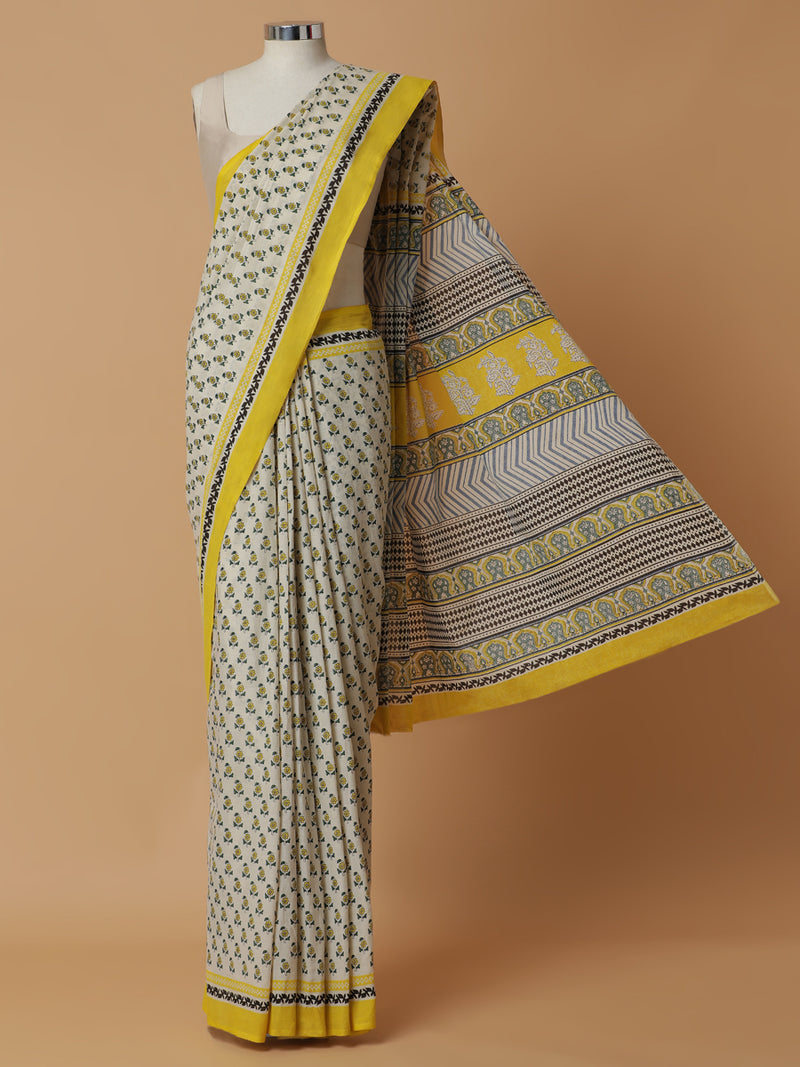 Hand Block Printed Cream Cotton Mulmul saree-Binks