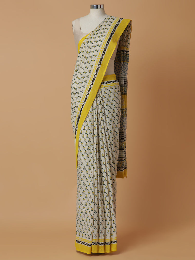 Hand Block Printed Cream Cotton Mulmul saree-Binks