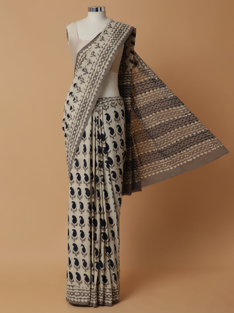 Hand Block Printed Oyster Grey Cotton Mulmul saree-Binks