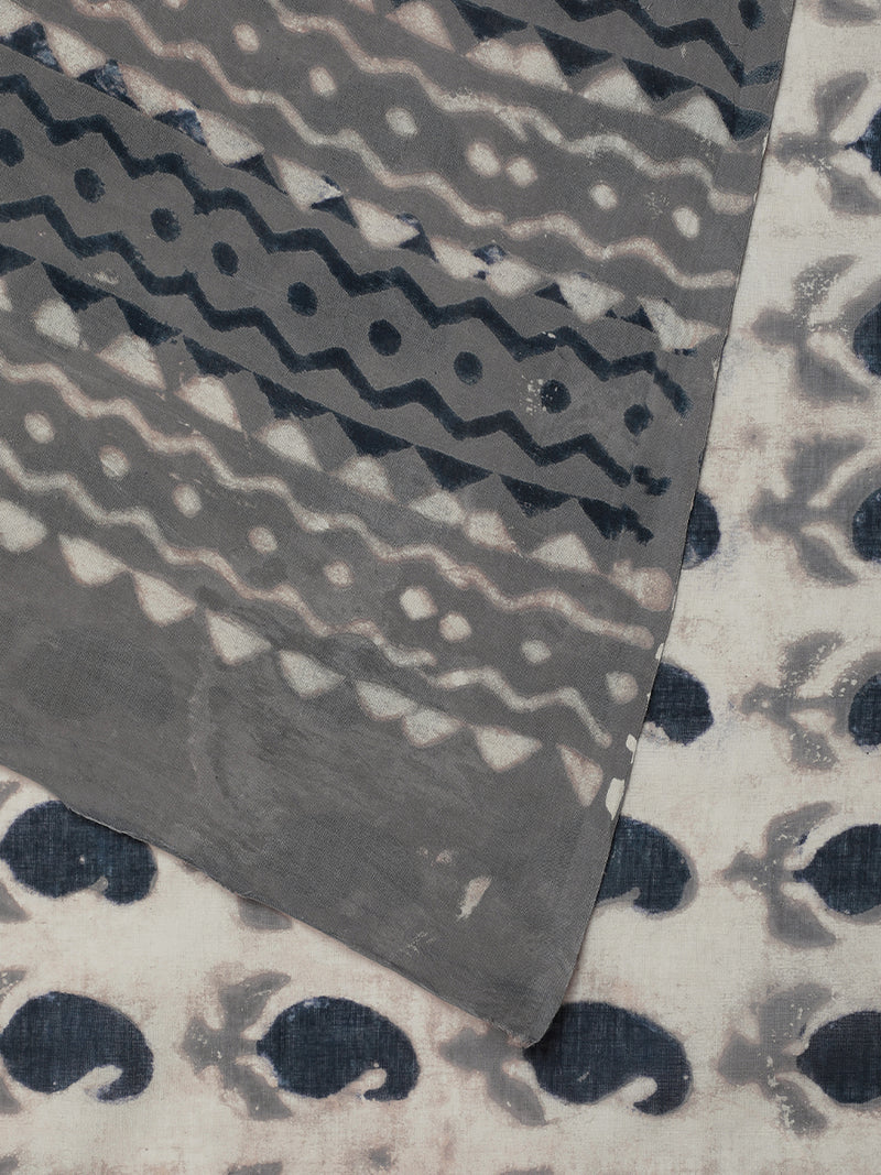 Hand Block Printed Oyster Grey Cotton Mulmul saree-Binks
