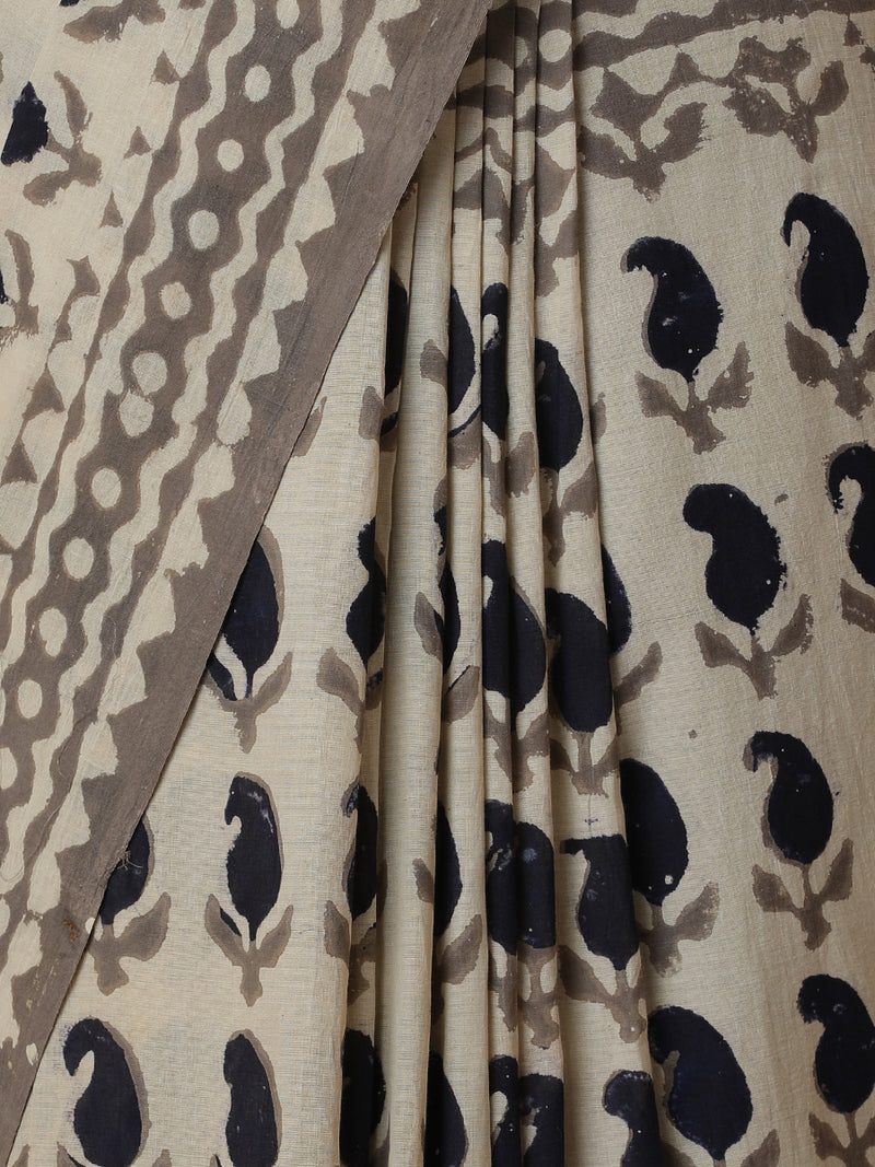 Hand Block Printed Oyster Grey Cotton Mulmul saree-Binks