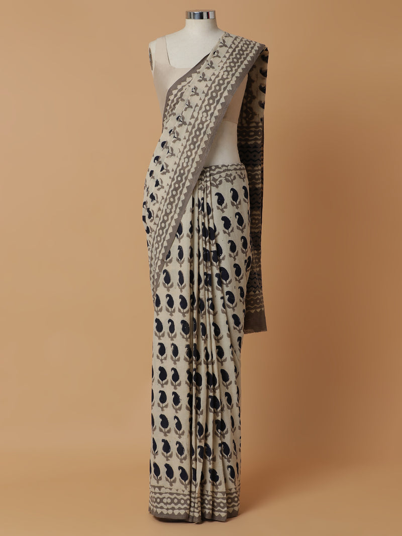 Hand Block Printed Oyster Grey Cotton Mulmul saree-Binks