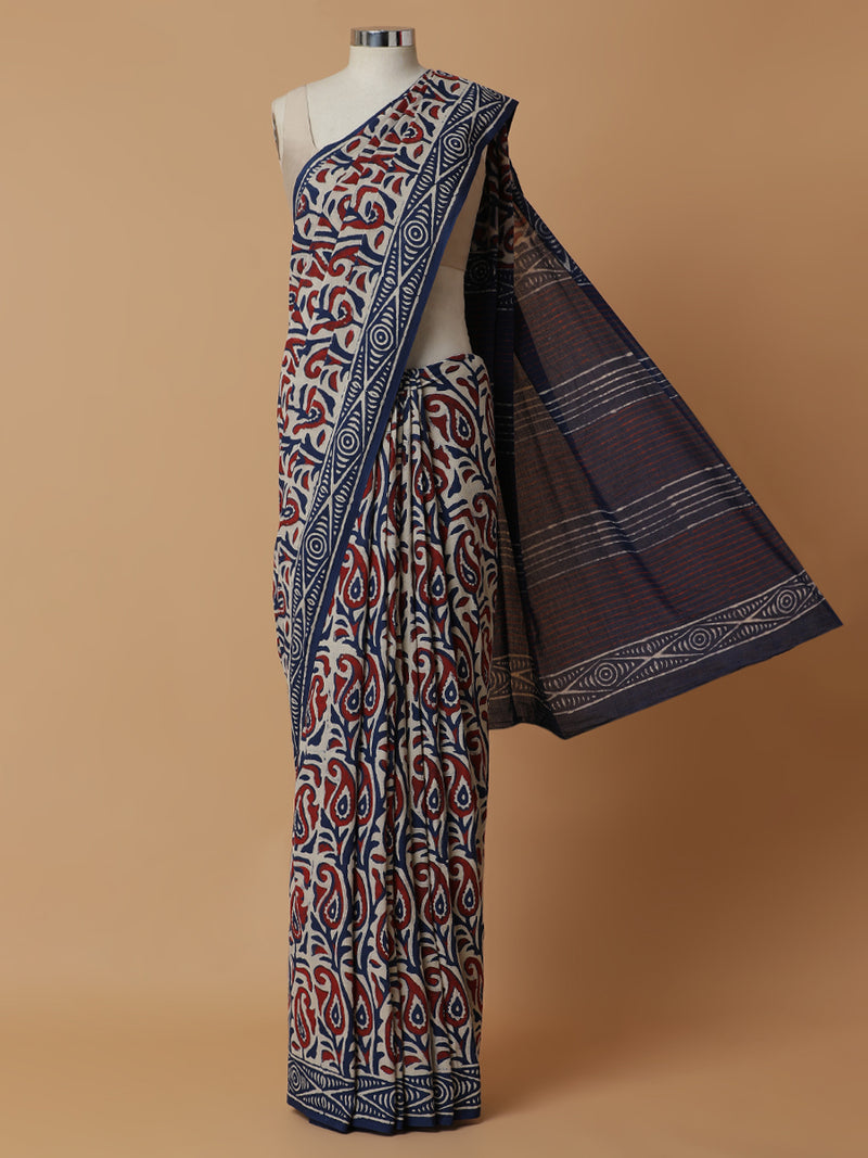 Hand Block Paisley Printed Blue-Red Cotton Mulmul saree-Binks