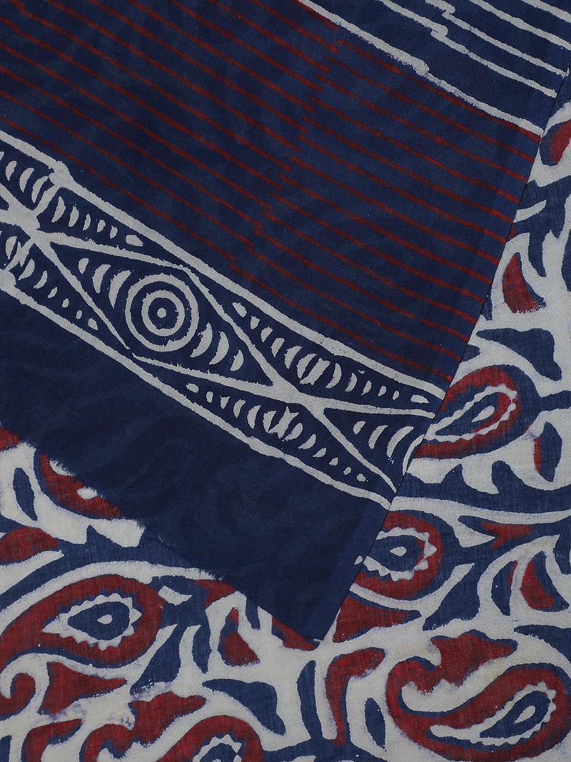 Hand Block Paisley Printed Blue-Red Cotton Mulmul saree-Binks