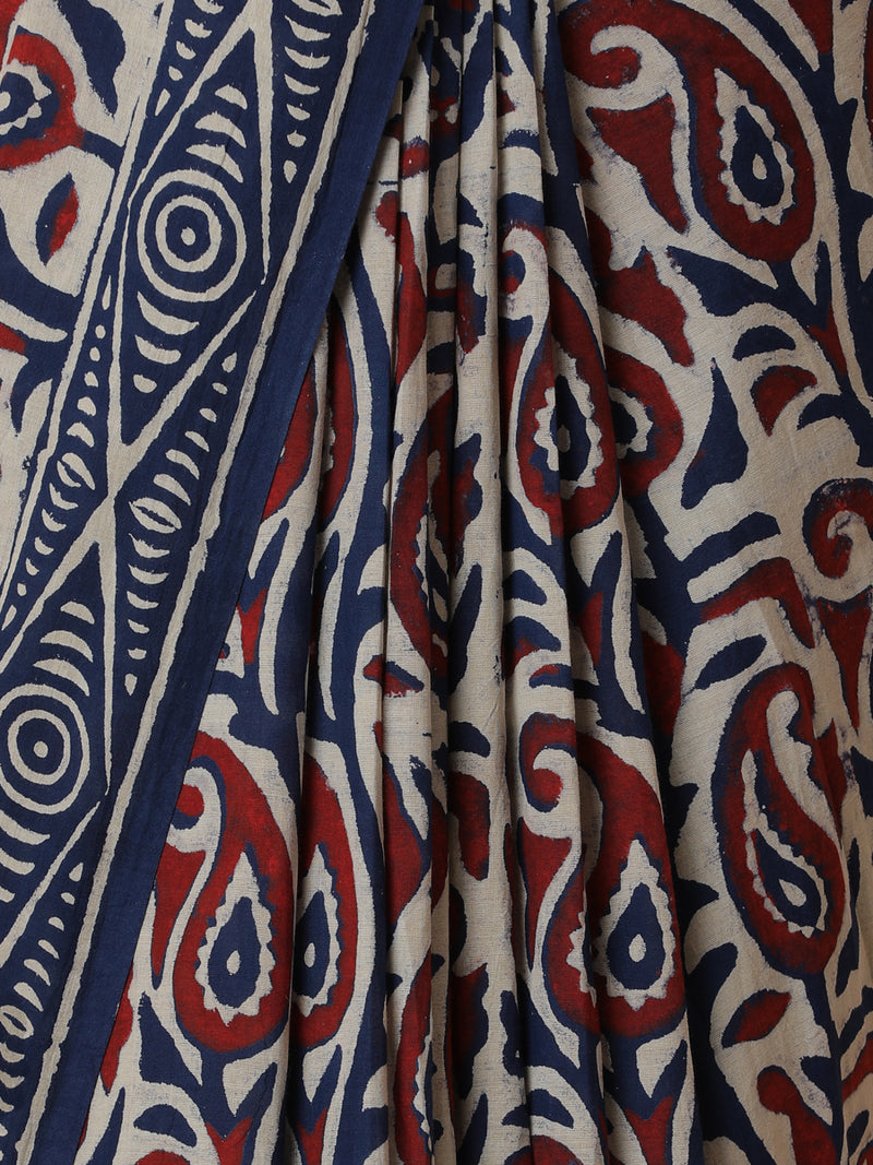 Hand Block Paisley Printed Blue-Red Cotton Mulmul saree-Binks