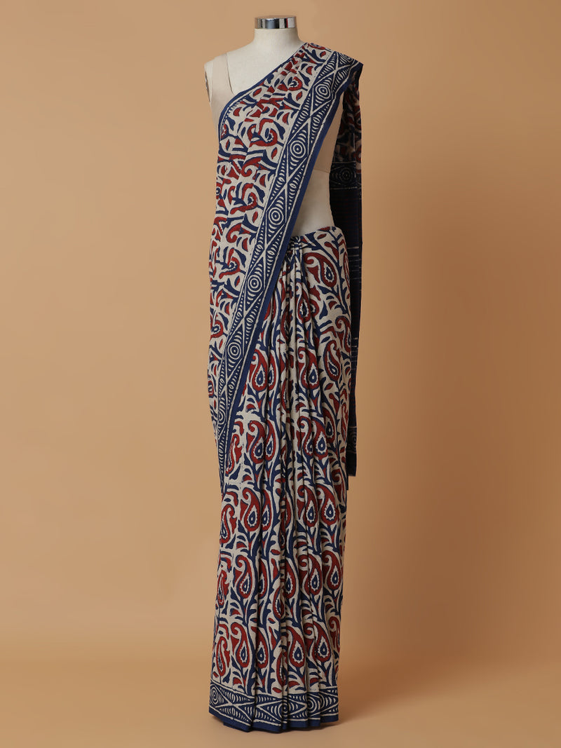 Hand Block Paisley Printed Blue-Red Cotton Mulmul saree-Binks
