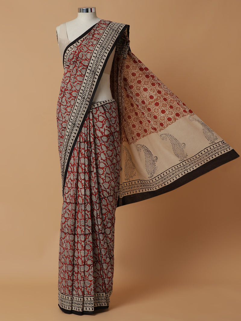 Hand Block Printed Brick Red Cotton Mulmul saree-Binks