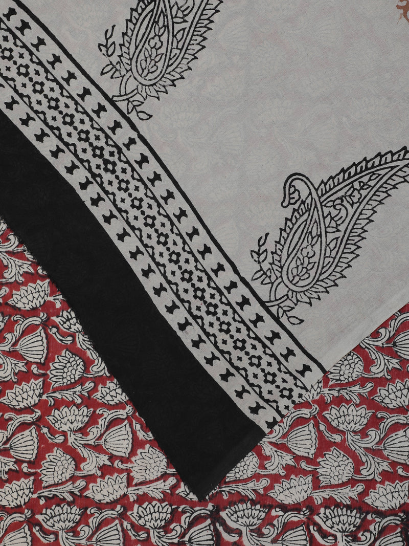 Hand Block Printed Brick Red Cotton Mulmul saree-Binks