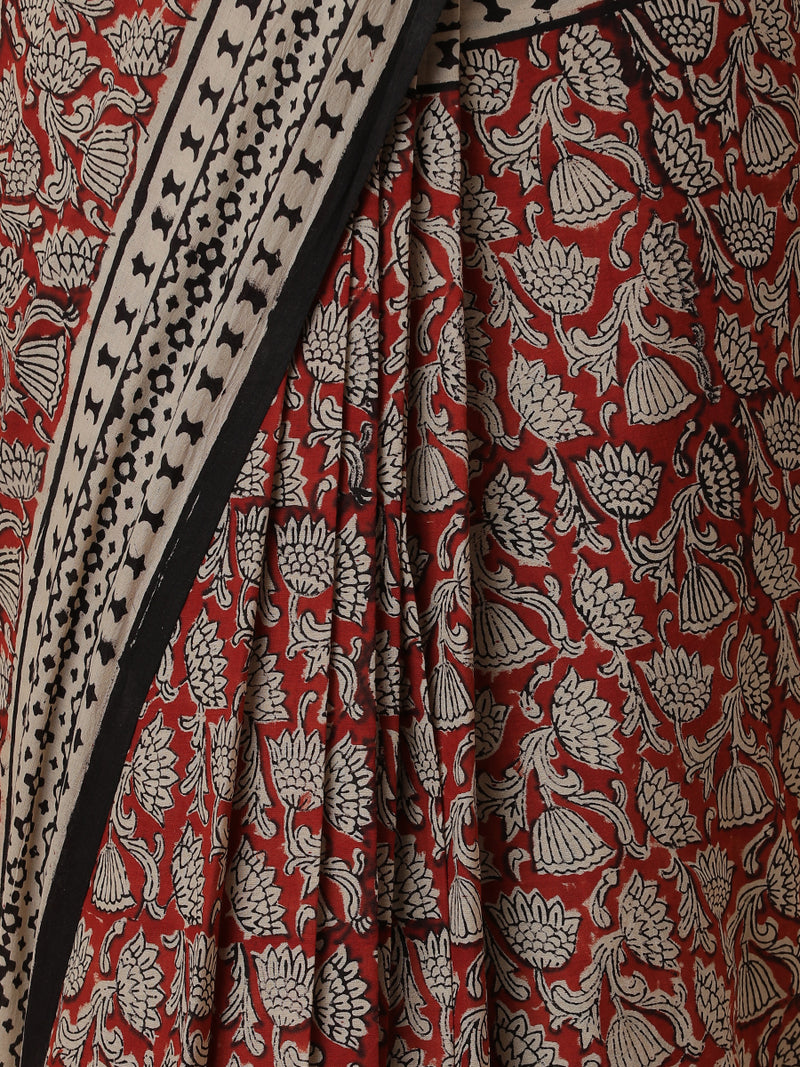 Hand Block Printed Brick Red Cotton Mulmul saree-Binks
