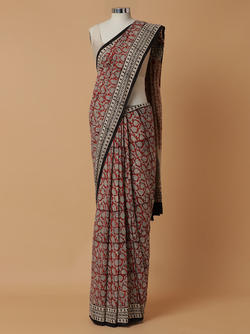 Hand Block Printed Brick Red Cotton Mulmul saree-Binks