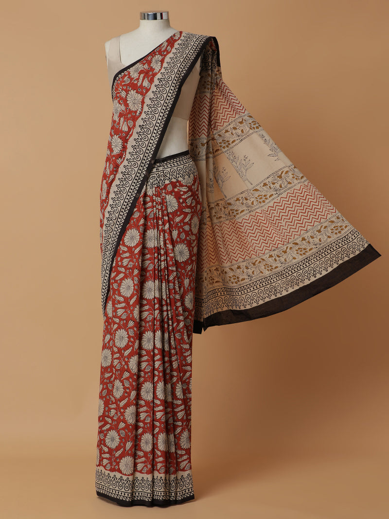 Hand Block Printed Cotton Tomato Red Mulmul saree-Binks