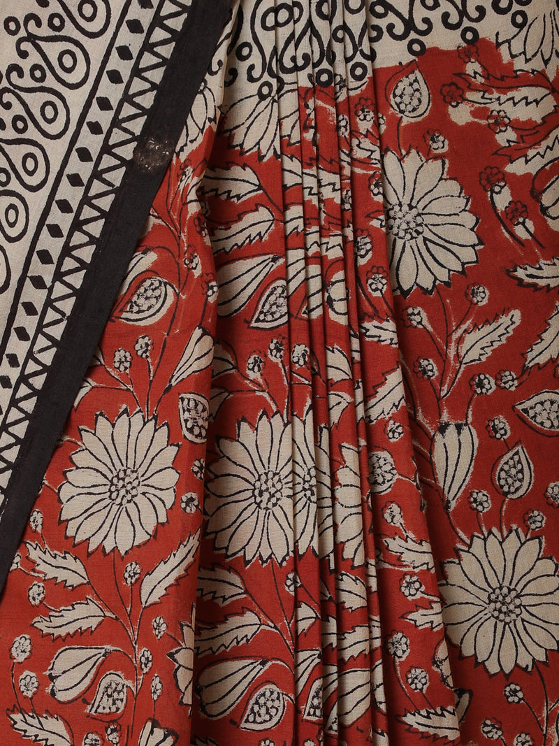 Hand Block Printed Cotton Tomato Red Mulmul saree-Binks